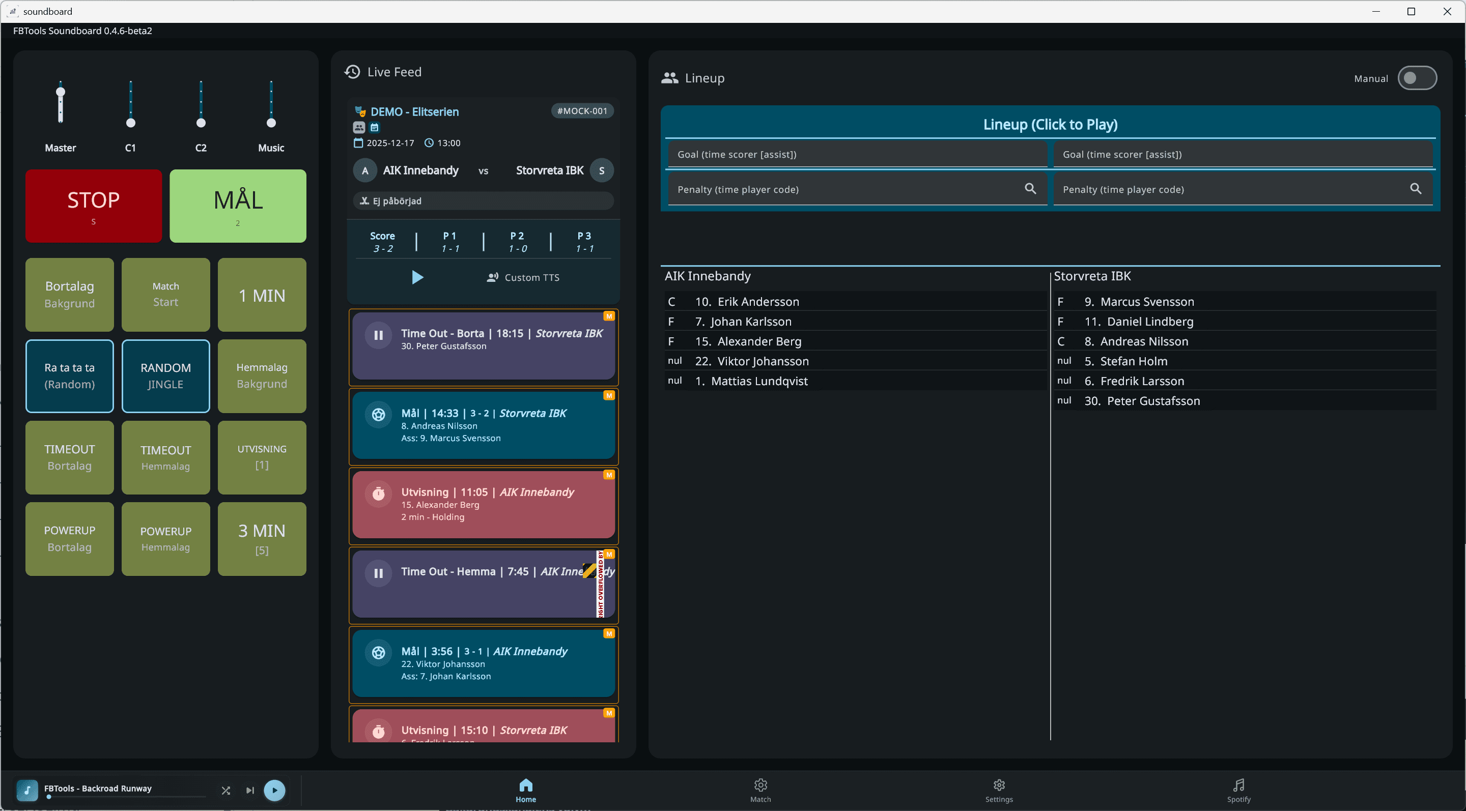 Live events view in Floorball Soundboard